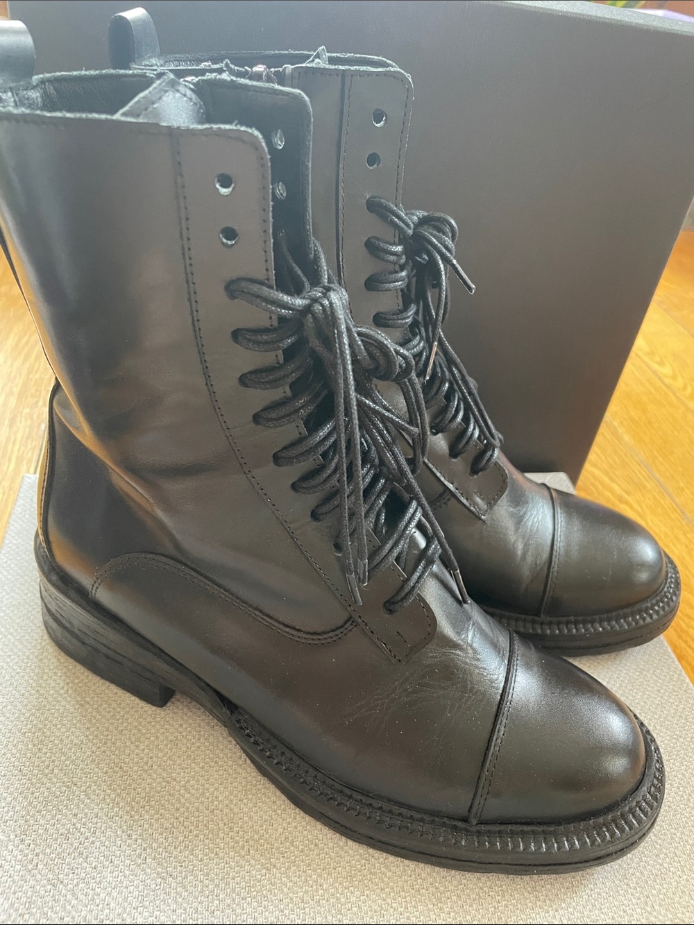 Like New Mimmu Black Leather Lace-Up Zip Boots 7.5 8 Size 38 UK Box Womens shoe
